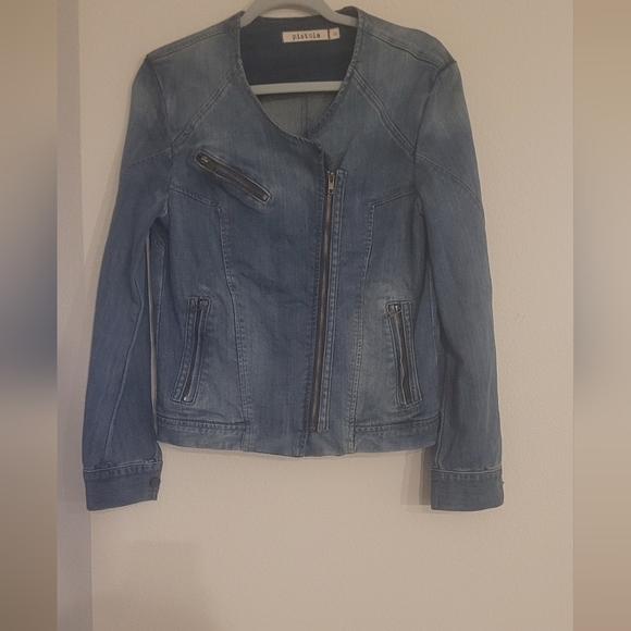 Pistola Denim Moto Jacket with Asymmetrical Zipper. Size Large - Picture 4 of 8